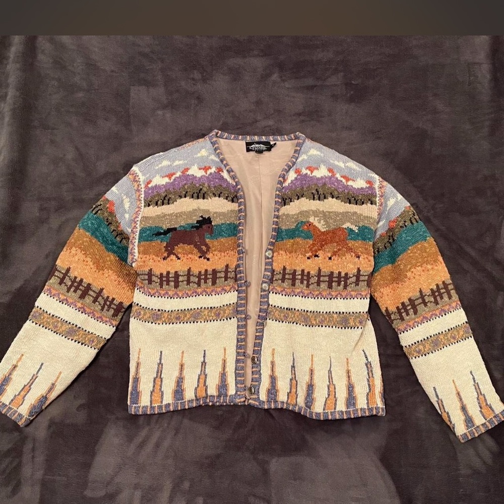 Icelandic Designs Colorful Horse pony western Pattern Cardigan M EUC - Picture 12 of 12